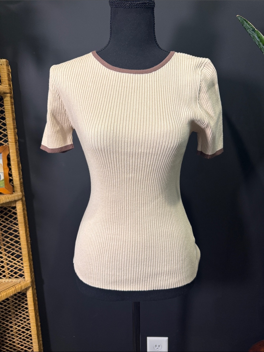 Slim Fit Cream Ribbed Short Sleeve Top with Brown Trim